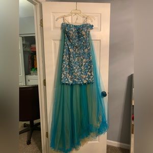 Blue/Green high/low with detachable train prom/pageant dress